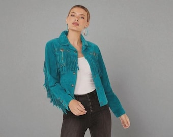 Chaqueta de ante azul con flecos: Chaqueta vaquera estilo rodeo del Oeste de estilo vintage.