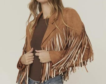 Chaqueta de ante con flecos para mujer / Abrigo de cuero con borlas de estilo vaquero occidental / Prenda de abrigo boho para festivales