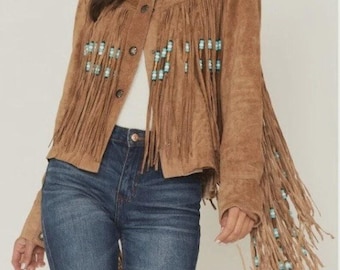 Chaqueta de gamuza hecha a mano con flecos, abrigo vaquero estilo western con borlas y cuentas, estilo bohemio.