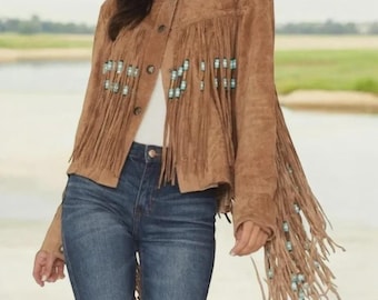 Chaqueta vaquera de ante marrón oscuro para mujer, estilo western con flecos.