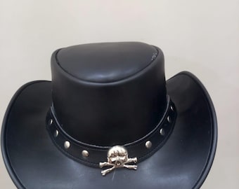 Sombrero de vaquero pirata de cuero negro con emblema de calavera / Sombrero de forajido del oeste