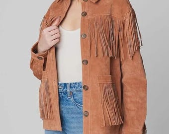 Chaqueta de ante marrón con flecos / Abrigo bohemio con tachuelas de estilo vaquero occidental