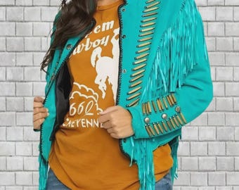 Chaqueta vaquera de ante turquesa con flecos / Abrigo de rodeo de vaquera con cuentas