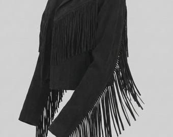 Chaqueta de ante negro con flecos para mujer, chaqueta de cuero estilo vaquera western, regalo bohemio para ella.