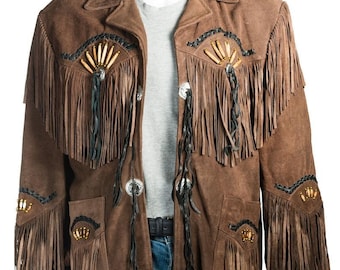 Chaqueta vaquera de ante con flecos para hombre - Abrigo vaquero con cuentas - Chaqueta de motorista