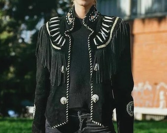 Chaqueta de ante negro con flecos para mujer, chaqueta de cuero estilo vaquera western, regalo bohemio para ella.