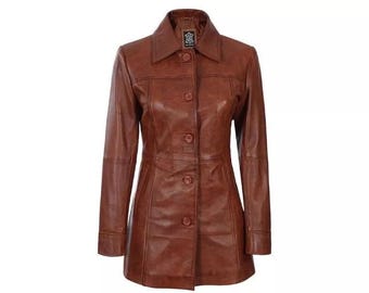 Abrigo de piel de cordero para mujer / Gabardina de piel auténtica marrón / Blazer de invierno de 5 botones