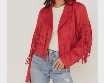 Chaqueta de ante rojo con flecos para mujer – Abrigo corto de cuero estilo vaquera, abrigo estilo western con borlas