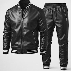 May include: A black leather jacket and matching pants set. The jacket features a zip-up front, side pockets, and white stripes on the collar and cuffs. The pants have a drawstring waist and zippered pockets, with white stripes at the ankles.