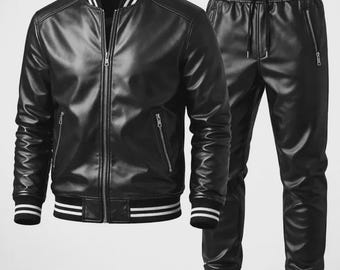 Conjunto deportivo de piel sintética negra para hombre / Chaqueta y pantalón estilo universitario / Chándal de invierno