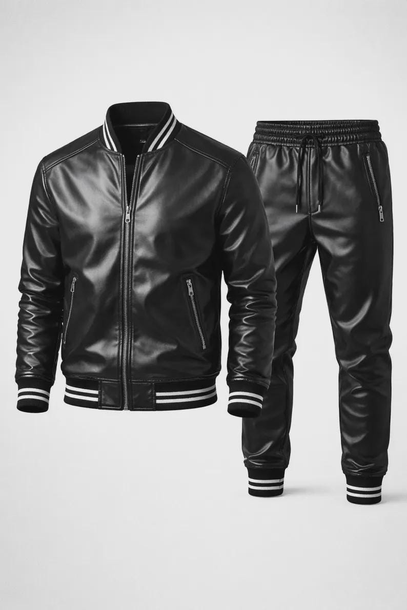 May include: A black leather jacket and matching pants set. The jacket features a zip-up front, side pockets, and white stripes on the collar and cuffs. The pants have a drawstring waist and zippered pockets, with white stripes at the ankles.