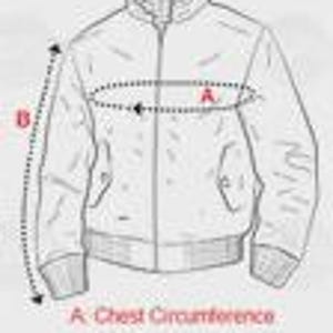 May include: Line drawing of a jacket with measurements labeled. The diagram shows the chest circumference and sleeve length. The jacket is a light color with a zipper closure and pockets.