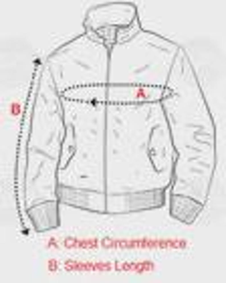 May include: Line drawing of a jacket with measurements labeled. The diagram shows the chest circumference and sleeve length. The jacket is a light color with a zipper closure and pockets.