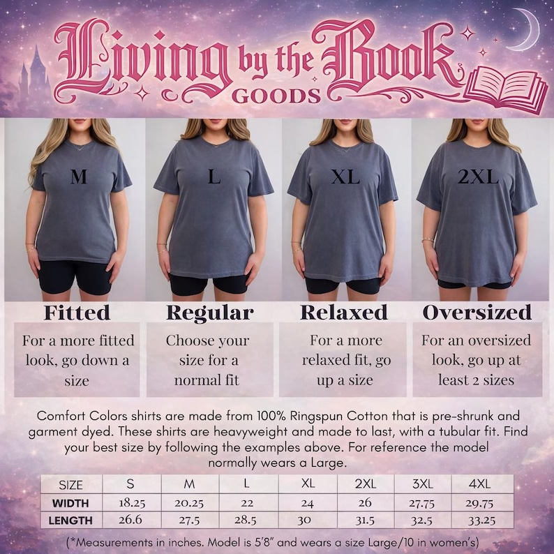 May include: Image showing a size chart for Comfort Colors t-shirts. The chart includes measurements in inches for sizes S to 4XL. The model is 5'8" and wears a size Large. The shirts are pre-shrunk, garment-dyed, heavyweight, and made to last.