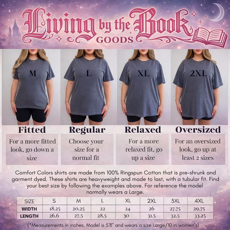 May include: A product image showcasing Comfort Colors t-shirts in various sizes: M, L, XL, and 2XL. The shirts are a muted blue-grey color. The image includes sizing information, fabric details, and a size chart with measurements in inches. The brand name "Living by the Book GOODS" is at the top.