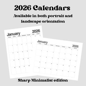 Könnte beinhalten: Zwei weiße Kalender für 2026, einer im Hoch- und einer im Querformat. Die Kalender tragen die Bezeichnung "Januar" und haben ein minimalistisches Design mit schwarzem Text. Der Text "2026 Kalender" und "Sharp Minimalist edition" ist ebenfalls sichtbar.