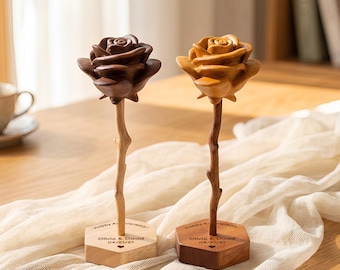 Hand-carved wooden roses – Personalized Engraved Base, Gifts for 5th Anniversary, Birthday, Mother’s Day,Valentine's Day