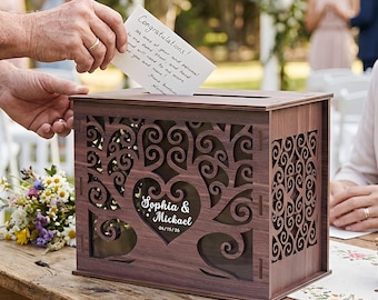 Personalisierte Hochzeitskartenbox, benutzerdefinierte Holzkartenbox für Hochzeitsfeier, rustikaler Hochzeitskartenhalter mit Namen und Datum