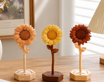 Handgeschnitzte hölzerne Sonnenblume, Sonnenblumennamengeschenk, konservierte Blume, Geburtstagsgeschenk, 5