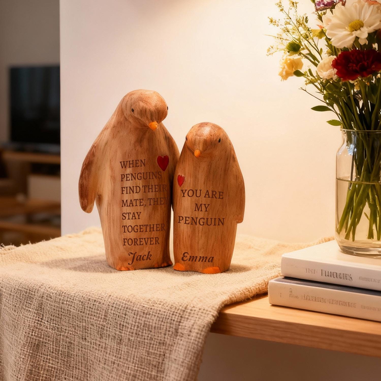 Personalized hand-carved wooden penguin figurines, adorable wooden penguin decorations, perfect for couples or Mother's Day.