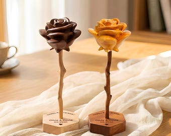 Hand-carved wooden roses – Personalized Engraved Base, Gifts for 5th Anniversary, Birthday, Mother’s Day,Valentine's Day