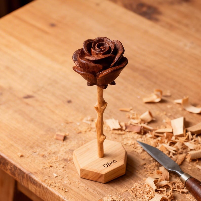 K&ouml;nnte beinhalten: Eine handgeschnitzte Holzrose mit einer dunkelbraunen Bl&uuml;tenform auf einem helleren Stiel. Die Rose ist auf einem sechseckigen Holzsockel montiert, auf dessen Vorderseite der Name Olivia eingraviert ist, was die Holzmaserung zeigt.