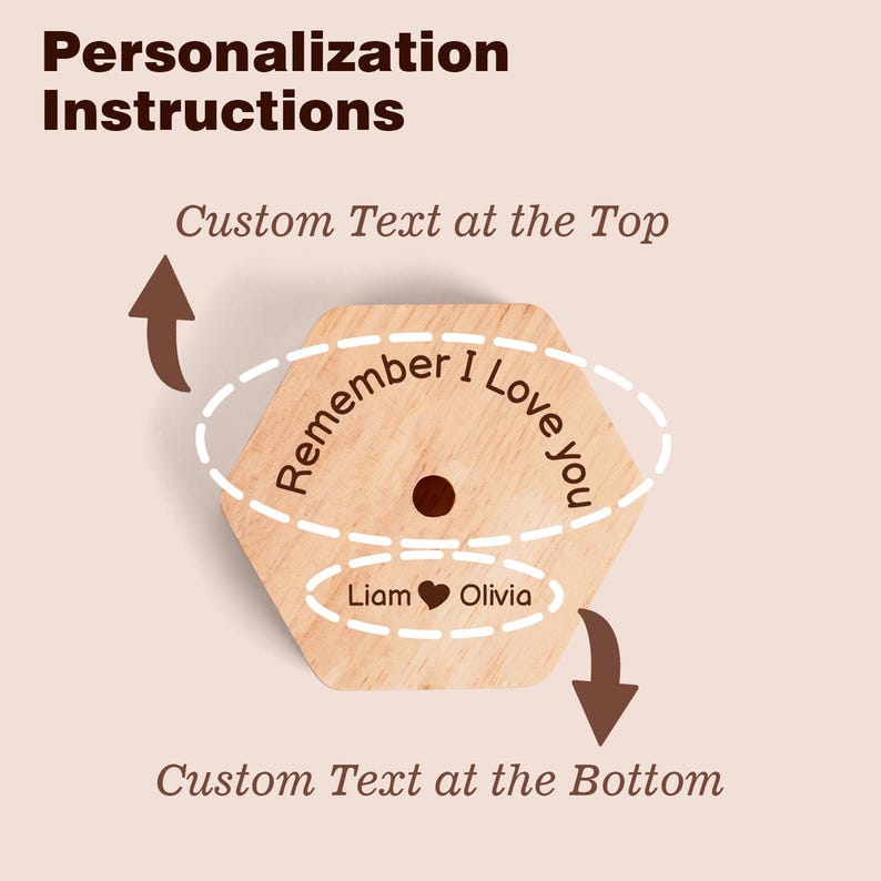 K&ouml;nnte beinhalten: Eine sechseckige Platte aus hellem Holz mit dem Text Personalization Instructions oben. Die Holzoberfl&auml;che zeigt den eingravierten Satz Remember I Love you sowie die Namen Liam und Olivia, getrennt durch ein Herzsymbol mit Pfeilen.