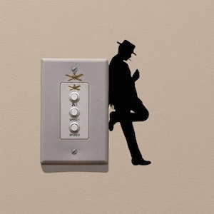 May include: A light gray wall plate with three fan control buttons and a decorative silhouette of a person in a hat leaning against it. The buttons are labeled "SPEED 1" and "SPEED 2".