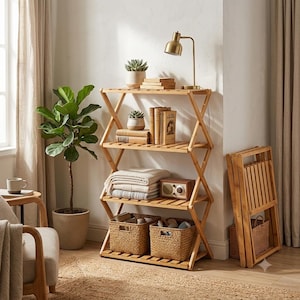 Puede incluir: Una estantería plegable de bambú de cuatro niveles con un diseño de marco en X. Los estantes sostienen una lámpara de escritorio dorada, suculentas, libros, textiles blancos doblados, una radio de madera y dos cestas tejidas. Una unidad plegada está al lado.