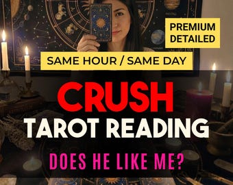 May include: An image promoting a tarot reading service. The text reads "CRUSH TAROT READING" and "DOES HE LIKE ME?". A person holds a tarot card in front of their face. The background includes candles, a celestial tapestry, and the text "SAME HOUR / SAME DAY".