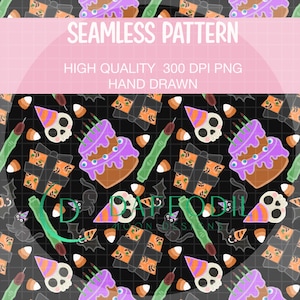 May include: A seamless digital pattern featuring hand-drawn Halloween elements on a black grid background. The design includes purple frosted cakes with eyeballs, skulls wearing party hats, green fingers, orange gift boxes, and black cats.