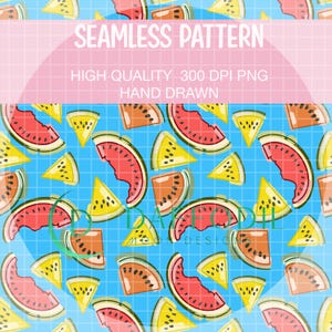 Blå sommarvattenmelon sömlöst mönster: Handritad digital PNG (300 DPI)