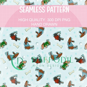May include: A seamless digital pattern featuring hand-drawn brown dachshunds wearing sweaters in red, green, and blue with snowflake motifs, interspersed with white bones and paw prints on a light blue background, labeled Daffodil Moon Design.