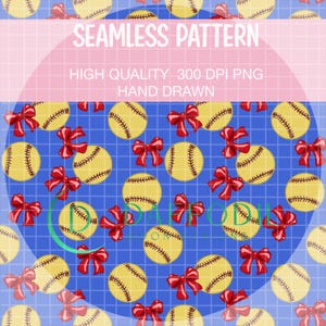 May include: A seamless pattern of yellow softballs and red bows on a blue grid background. The text "SEAMLESS PATTERN" is displayed in white, along with other details about the design.