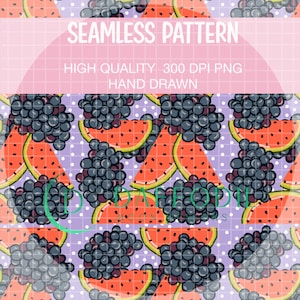 Può includere: Design a motivo continuo con fette di anguria e grappoli d'uva su sfondo lavanda con pois bianchi. Il testo "SEAMLESS PATTERN" è visualizzato in bianco, insieme ad altri dettagli.