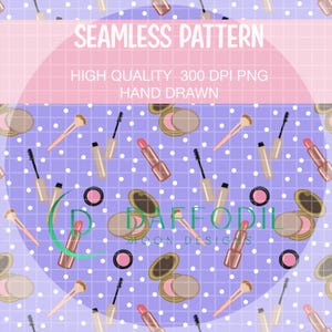 Può includere: Motivo senza cuciture con elementi di trucco come rossetto, mascara, fard e pennelli su uno sfondo a griglia viola chiaro con pois bianchi. Il testo "SEAMLESS PATTERN" è visualizzato in bianco.