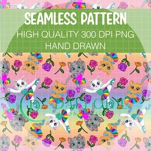 May include: A seamless digital pattern featuring cartoon cats in colorful tutus and ballet slippers, interspersed with purple and orange roses on a pink gradient background. The text reads SEAMLESS PATTERN HIGH QUALITY 300 DPI PNG HAND DRAWN.