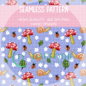 Girly Woodland Seamless Pattern: Snails, Ladybugs, Mushrooms (Digital Download)