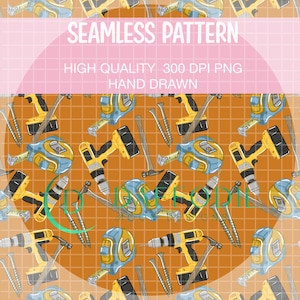 Op de afbeelding: Naadloos patroon met handgetekende illustraties van gereedschappen, waaronder boren, hamers, rolmaten en spijkers. Het ontwerp staat op een oranje rasterachtergrond met een roze cirkel met de tekst "SEAMLESS PATTERN".