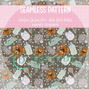 Könnte beinhalten: Ein nahtloses Musterdesign mit Baby-Illustrationen. Das Muster enthält Teddybären, Babyflaschen, Schnuller, Windeln, Rasseln und Kinderwagen in Braun-, Grau- und Mintgrüntönen. Der Text "SEAMLESS PATTERN" wird oben angezeigt.
