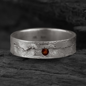 Rustic Wedding Band With A Garnet Made In Sterling Silver For Men Women Non Binary |  Unisex Promise Ring for Him Her They | Kaewkosin VI
