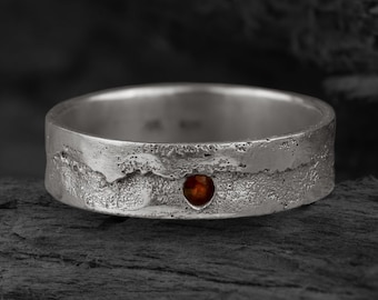 Rustic Wedding Band With A Garnet Made In Sterling Silver For Men Women Non Binary |  Unisex Promise Ring for Him Her They | Kaewkosin VI