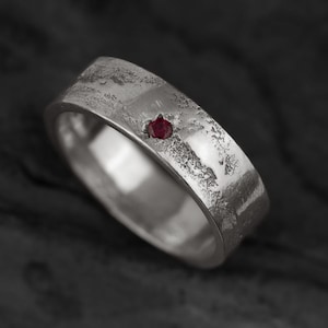 Mens Ruby Ring | Rustic Wedding Band | Masculine Engagement Ring In Sterling Silver | Kaewkosin VI