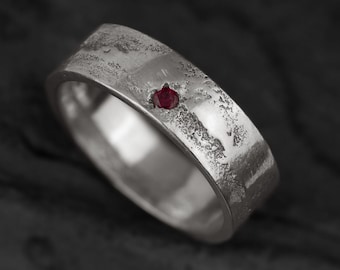 Mens Ruby Ring | Rustic Wedding Band | Masculine Engagement Ring In Sterling Silver | Kaewkosin VI