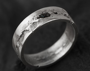 Rustic Wedding Band With A Black Moissanite Gemstone Made In Sterling Silver for Men Women | Unisex Promise Ring for Him Her | Kaewkosin VI