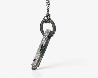 Mens Necklace with Raw Gemstone Moissanite | Sterling Silver Bar and Circle Pendant | Dilmun