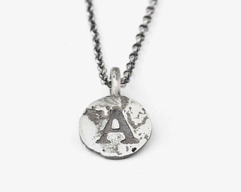 Mens Necklace Custom Initial Pendant in Sterling Silver, Round Medal Pendant with texture and letter.r