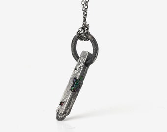 Mens Necklace with Raw Gemstone Moissanite - Sterling Silver Bar and Circle Pendant