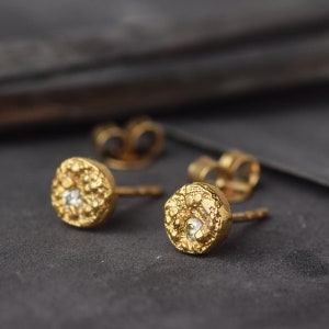 Small Gold Plated Hammered Stud earrings made with Unique Texture in Sterling Silver - Dainty Delicate Circle earring with choice of stone