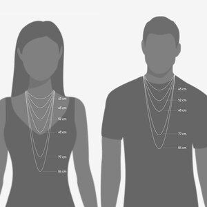 May include: A diagram showing different necklace lengths in centimeters for both men and women. The lengths are 40 cm, 45 cm, 52 cm, 60 cm, 77 cm, and 84 cm.
